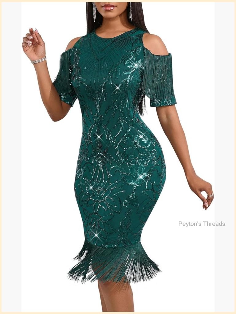 Elegant Sequin Short Sleeve Tassel Bodycon Midi Dress For Party Formal Evening